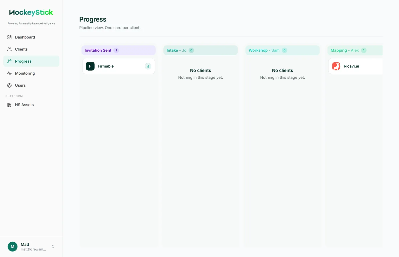 The Progress board: a kanban of every engagement bucketed by stage, from Invited through to Completed.