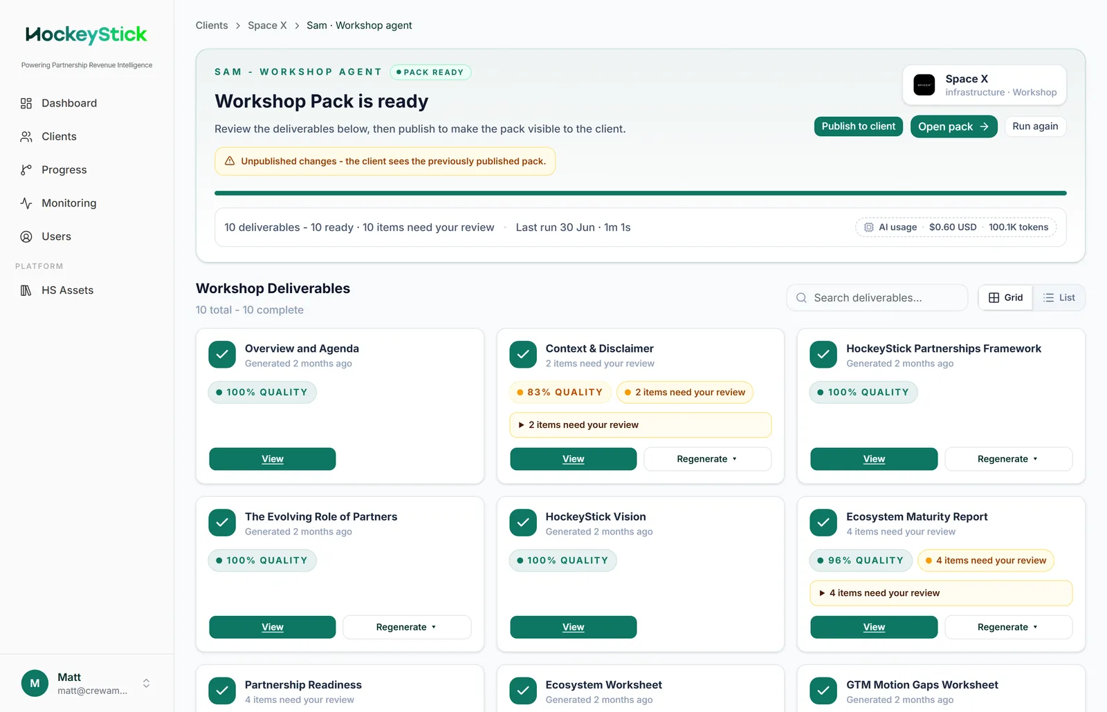 The Sam workspace: a "Workshop Pack is ready" banner with Publish to client, Open pack and Run again, and per-deliverable cards showing quality percentages with View and Regenerate.