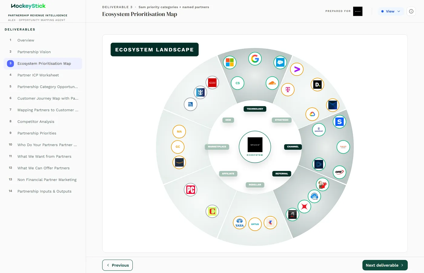 The Ecosystem Prioritisation Map: highlighted focus categories plus whitespace where the client has no current presence.