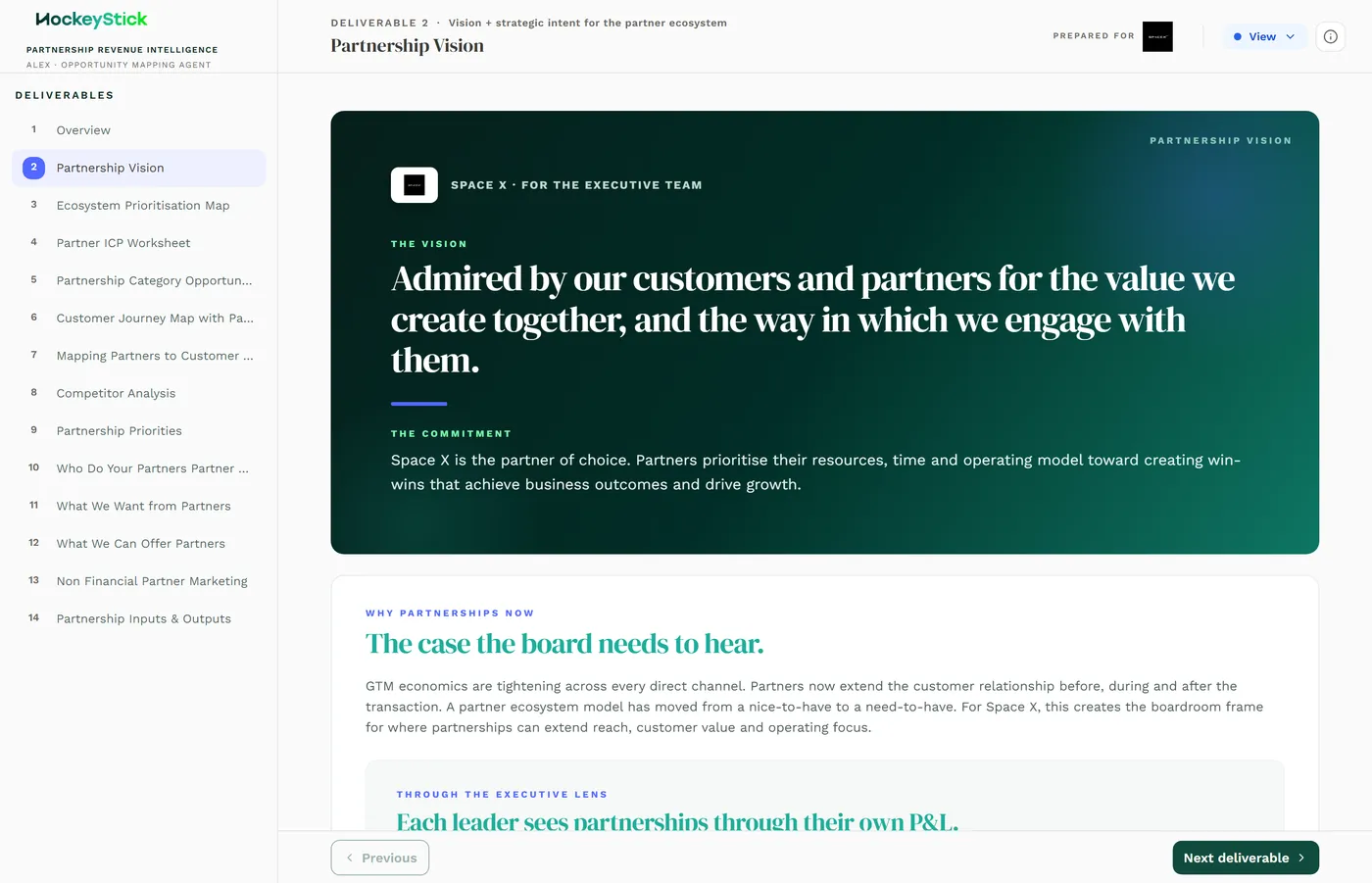 The Partnership Vision page: the board-level case for partnerships, framed by each C-suite leader's view and the market shift towards partner-led growth.