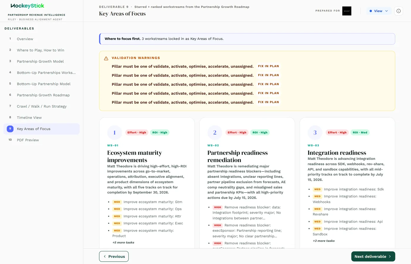 Key Areas of Focus: the starred, highest-priority workstreams carried over from the roadmap.