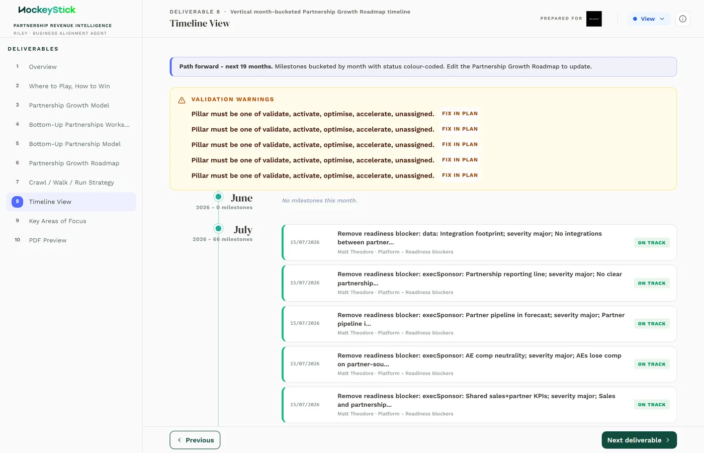 The Timeline View: the roadmap tasks bucketed into months across the plan horizon.