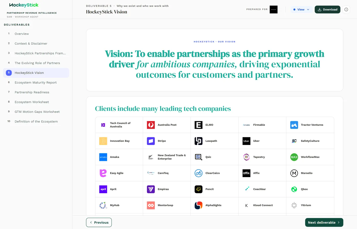 The HockeyStick Vision: the vision statement, the five-pillar model, and the client logos.